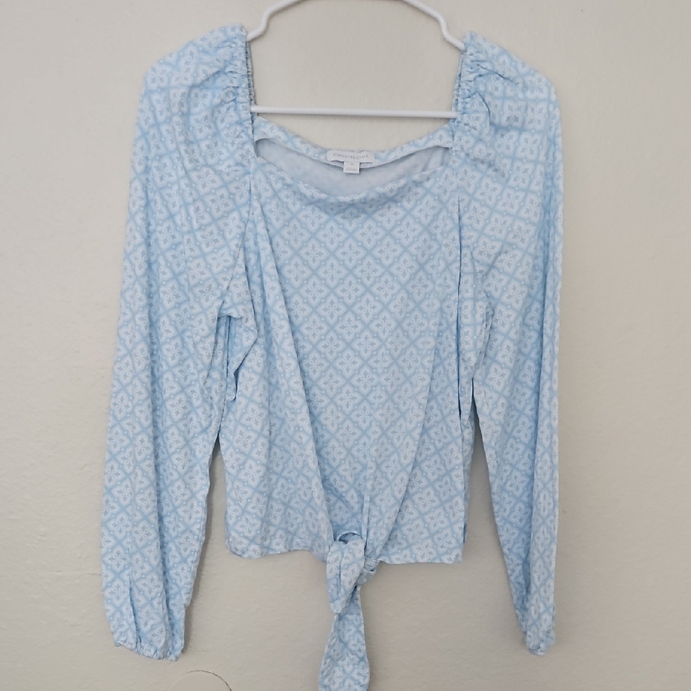 Charter Club Long Sleeves Allover Print Tops, Light Blue Size M.